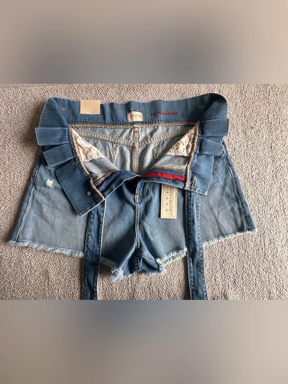 Alice + Olivia Paperbag Denim Shorts High Waist Belted Distressed Sz 32 NWT
